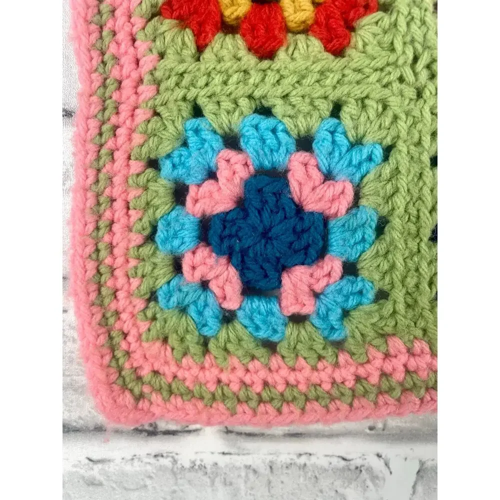 Vintage Crochet Granny Square Doll Blanket Pink Green Stroller Afghan 22x26